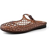 GRACESTRIDE Jelly Flats for Women Mesh Mary Jane Breathable Slides Comfortable Slip on Closed Rounded Toe Flat Sandals Summer Beach Slippers