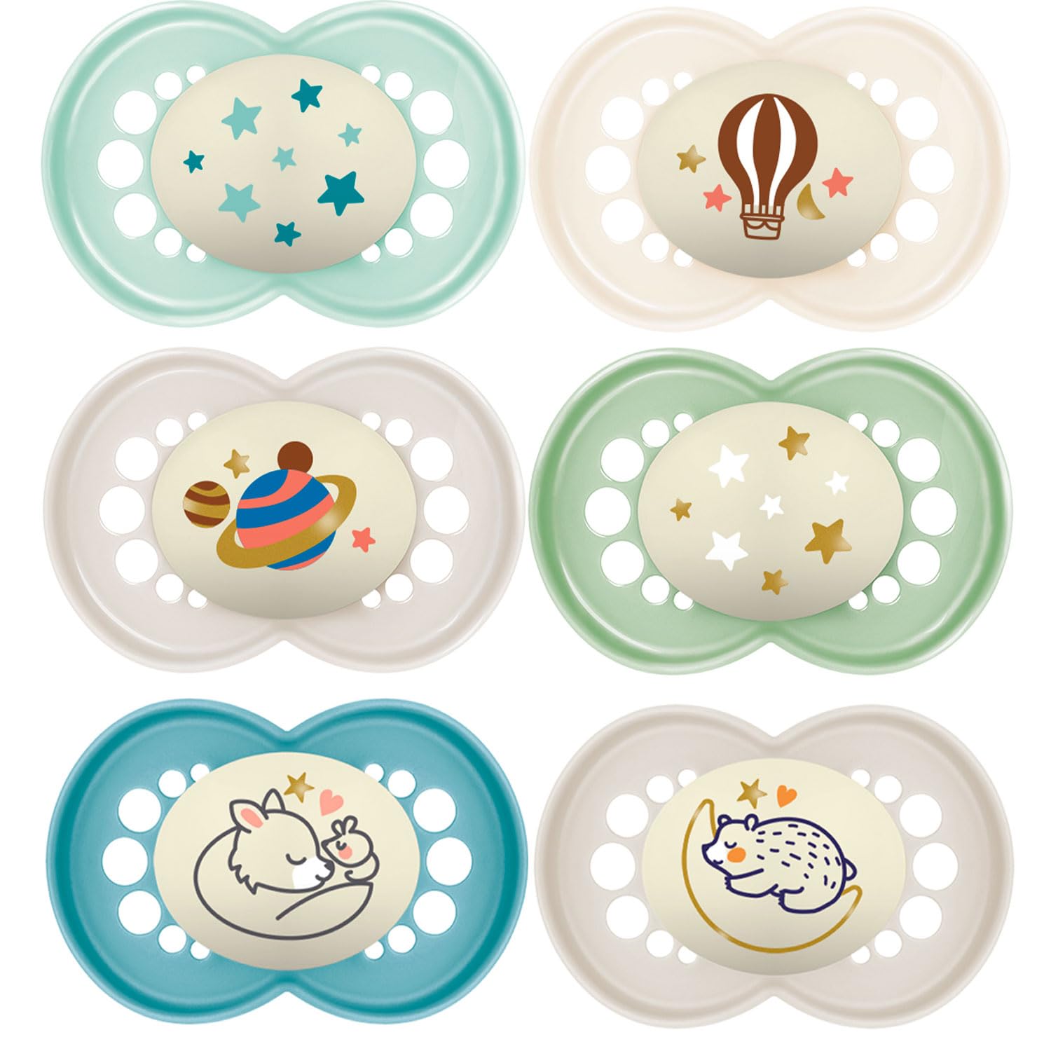 Mam Night 16 + Soothers, Pack of 6, Glow in The Dark, 3 steril.-Travel Boxes