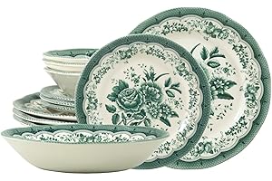 Tudor Royal 12-Piece Porcelain Round Dinnerware Set, Service for 4, Victoria Green Design, Blue Floral, Plates Bowls Dishes, 