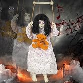 Hourleey Halloween Decorations Outdoor, Hanging Swinging Girl Doll Sound Activated with Lighted Eyes Creepy Sound, Animatronics Halloween Decor for Indoor Trees Party Garden Haunted House Prop