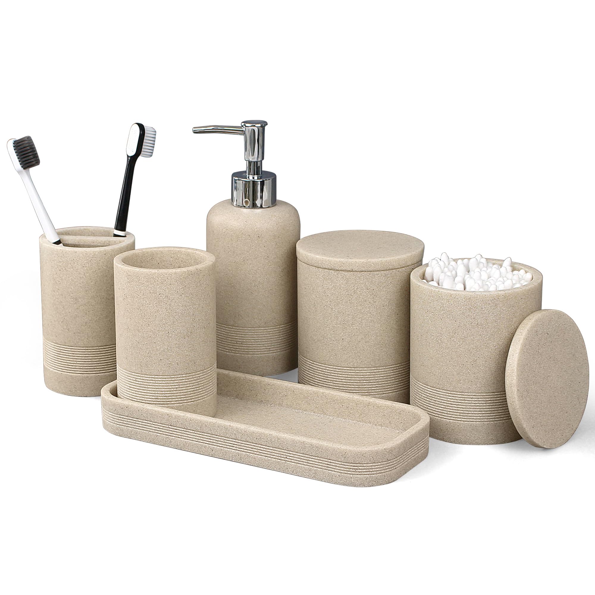 Photo 1 of *** 1 PC *** LIN CHUAN 6-Piece Bathroom Accessories Set, Bathroom Accessory Set with Soap Dispenser, Toothbrush Holder Set, Vanity Tray, Tumbler & 2 Cotton Swab Jars, Modern Stylish Bathroom Organizer(Beige)1065527727

