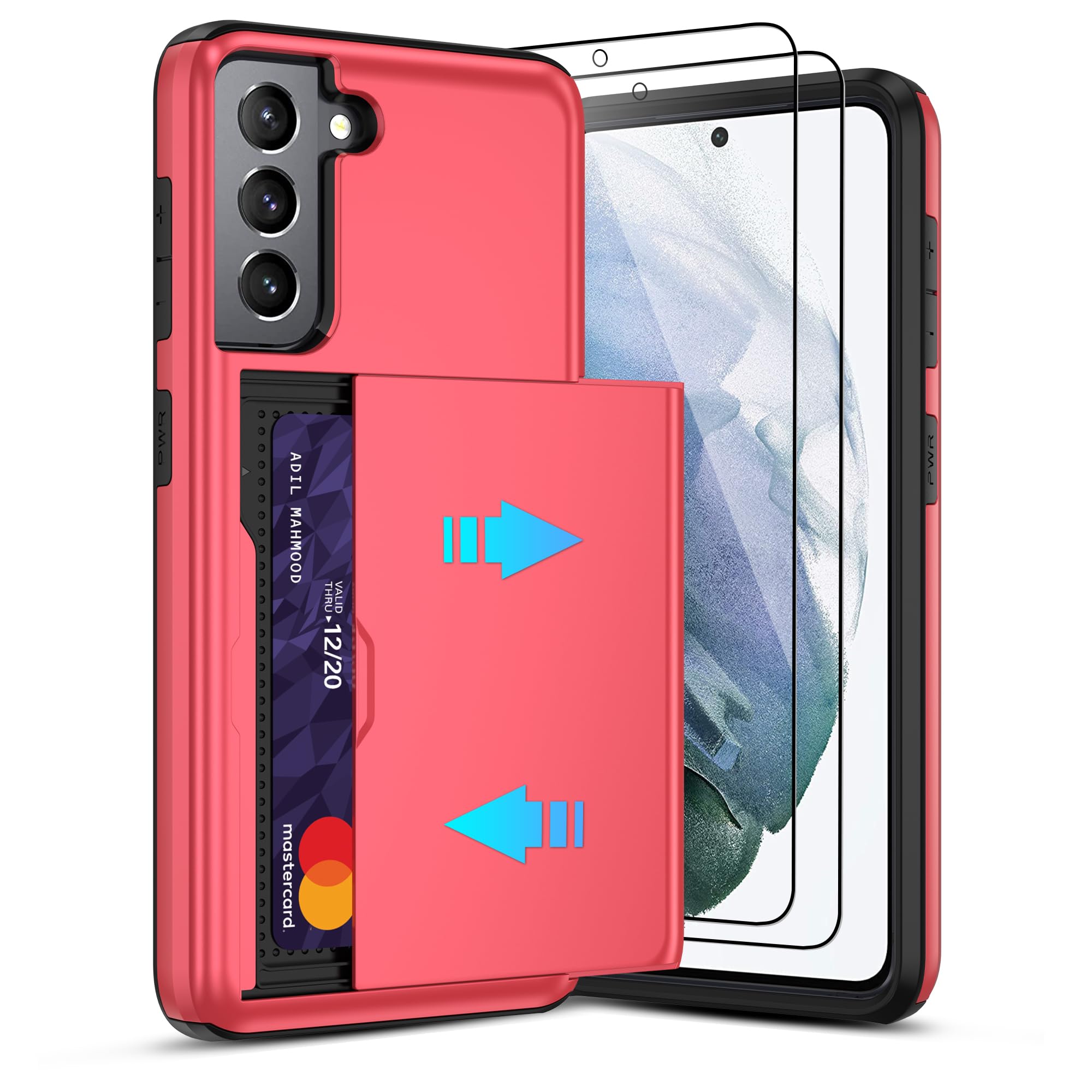 Pilaru for Samsung Galaxy S21 Case with Card Holder and (2 Pcs) HD Screen Protector, Slim Heavy Duty Dual Layer Shockproof Design & Hidden Card Slot Wallet Case for Galaxy S21-Red