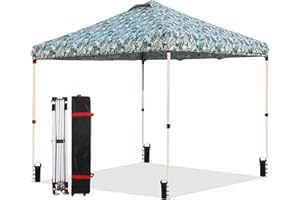 LANMOUNTAIN Pop Up Canopy Tent 10X10 FT,One Push Shelter,Adjustable Straight Leg Heights,Sun Instant Tent,Heavy Duty Outdoor Patio Gazebo Shade w/4 Sandbags,Ropes,8 Stakes,Green Leaves Pattern