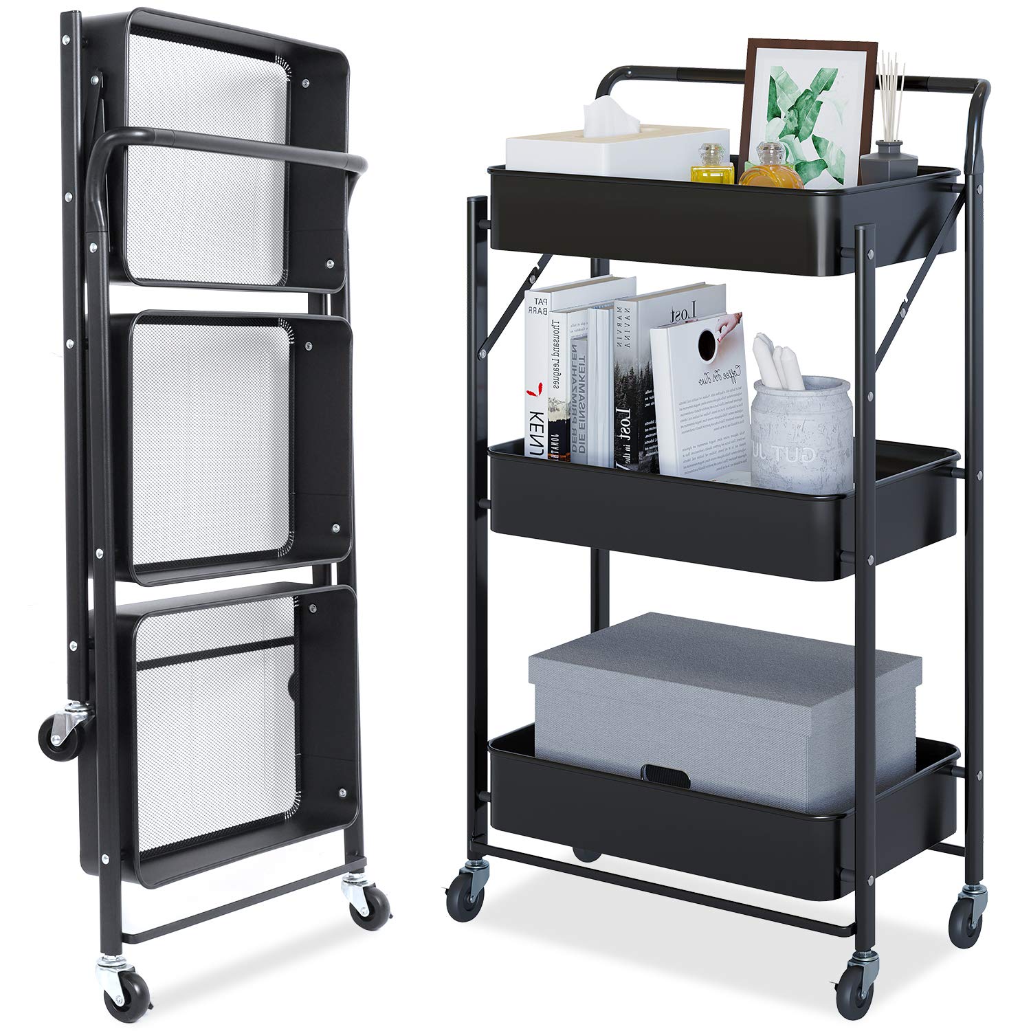 Dripex Foldable Storage Trolley Cart, 3-Tier Metal Rolling Organizer Cart with Casters, Mobile Utility Service Cart for Kitchen Bathroom Office Laundry (Black)