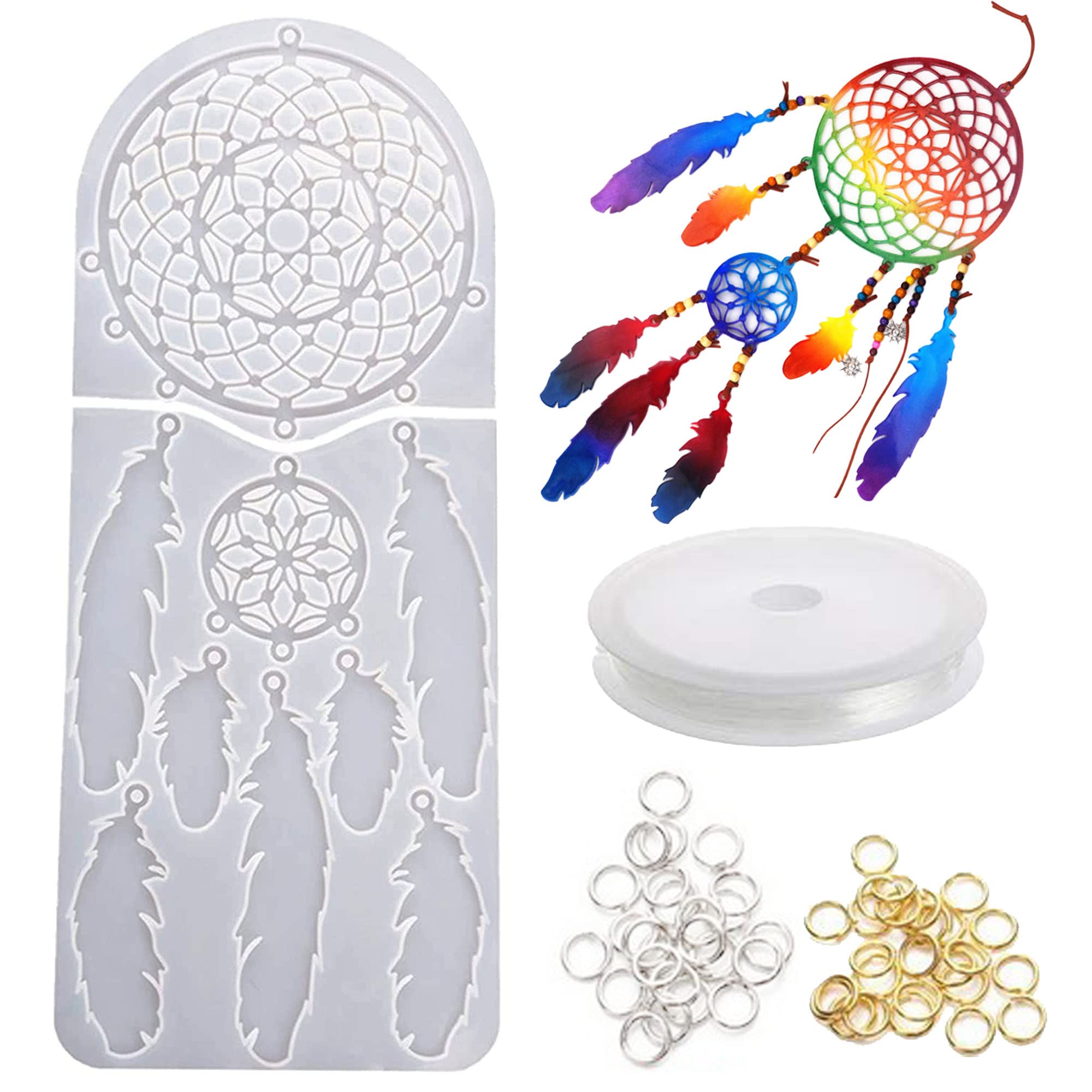 Woohome Dream Catcher Resin Moulds, Big Dream Catcher Resin Casting Mould with Jump Rings, String for DIY Crafts Making, Homemade Crafts, Home Decoration