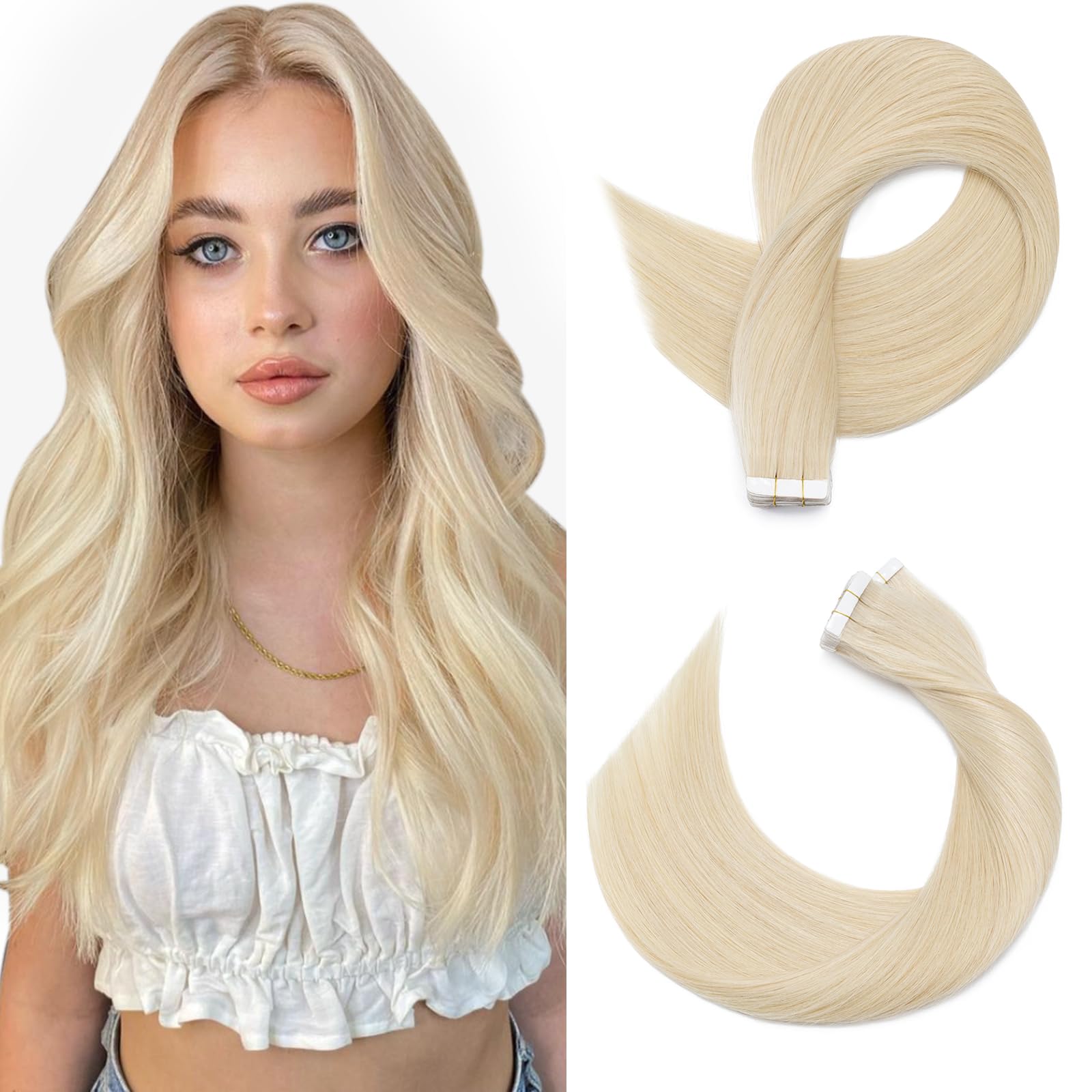 SEGOHAIR Tape in Hair Extensions Human Hair, 14" Invisible 10Pcs Real Hair Straight Natural Remy Tape Hair Extensions - Platinum Blonde — image 1