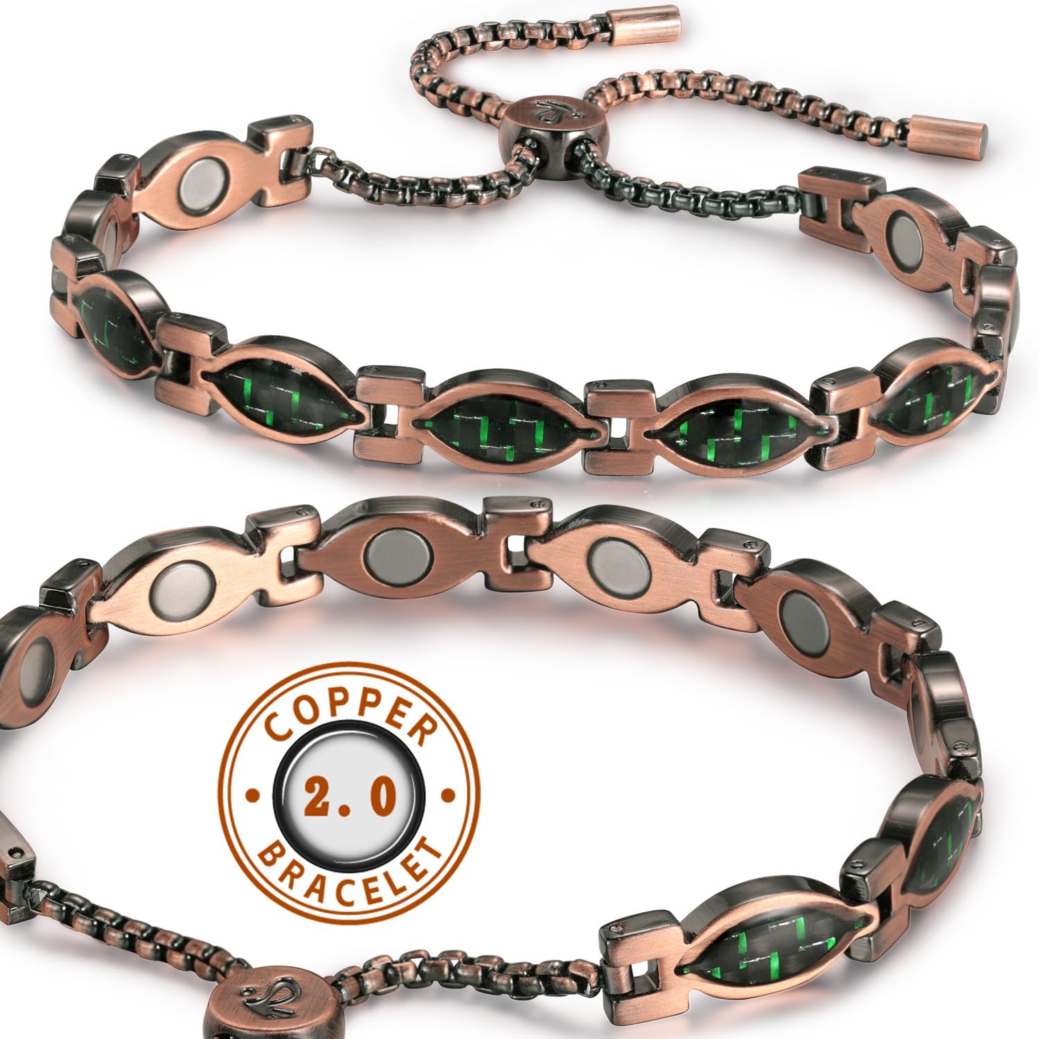 RainSo Women Pure Copper Magnetic Bracelets Adjustable Design with Display Box(Green Crystal Eyes)