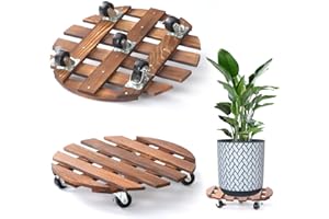 PRAQECZ 2 Pack 14" Plant Caddy with 5 Wheels, Rolling Plant Stand 220 LB Heavy Duty Wooden Round Plant Dolly with Metal 360° Lockable Caster Wheels for Outdoor Indoor Large Plant Pots, Flower Pot, Patio