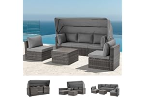 ZZWHOM 6 Pieces Patio Furniture Sets w/Adjustable Canopy and Backrest, All Weather Wicker Outdoor Patio Conversation Sets, Comfy Outdoor Couch Patio Sectional for Summer Outside, Backyard