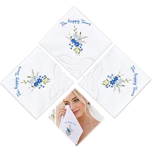 White Embroidered Wedding Handkerchiefs for Happy Tears, 11x11 Inch Bridal Hankies with Lace Edges, Something Blue Gift