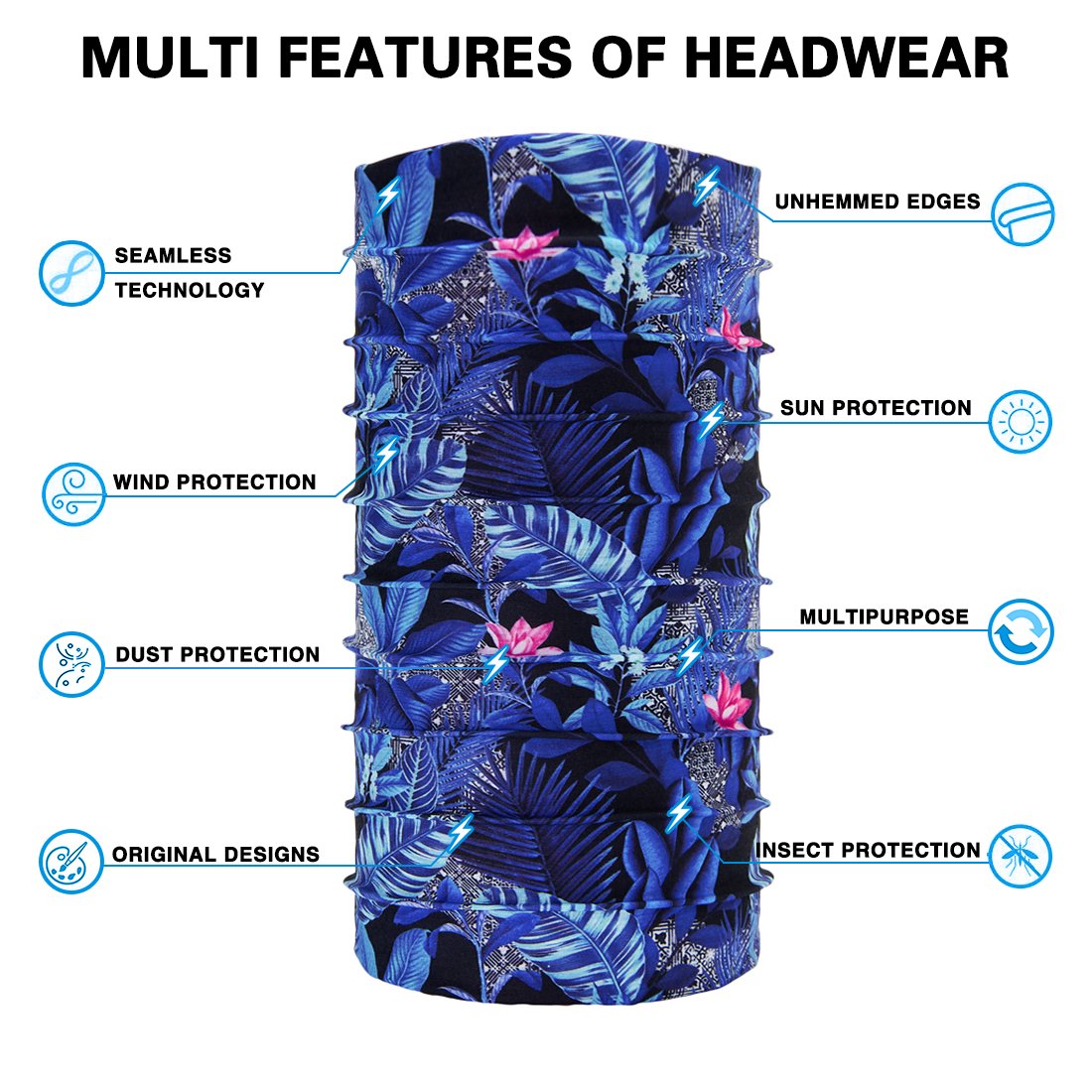TUONROAD 3D Printed Floral Blue Leaves Pink Flowers Magic Headband Sweatband Custom SPF Scarf Tube Snood Face Bandana Multifunctional Headwear for Snowboarding Skiing Snowmobile Riding Yard working