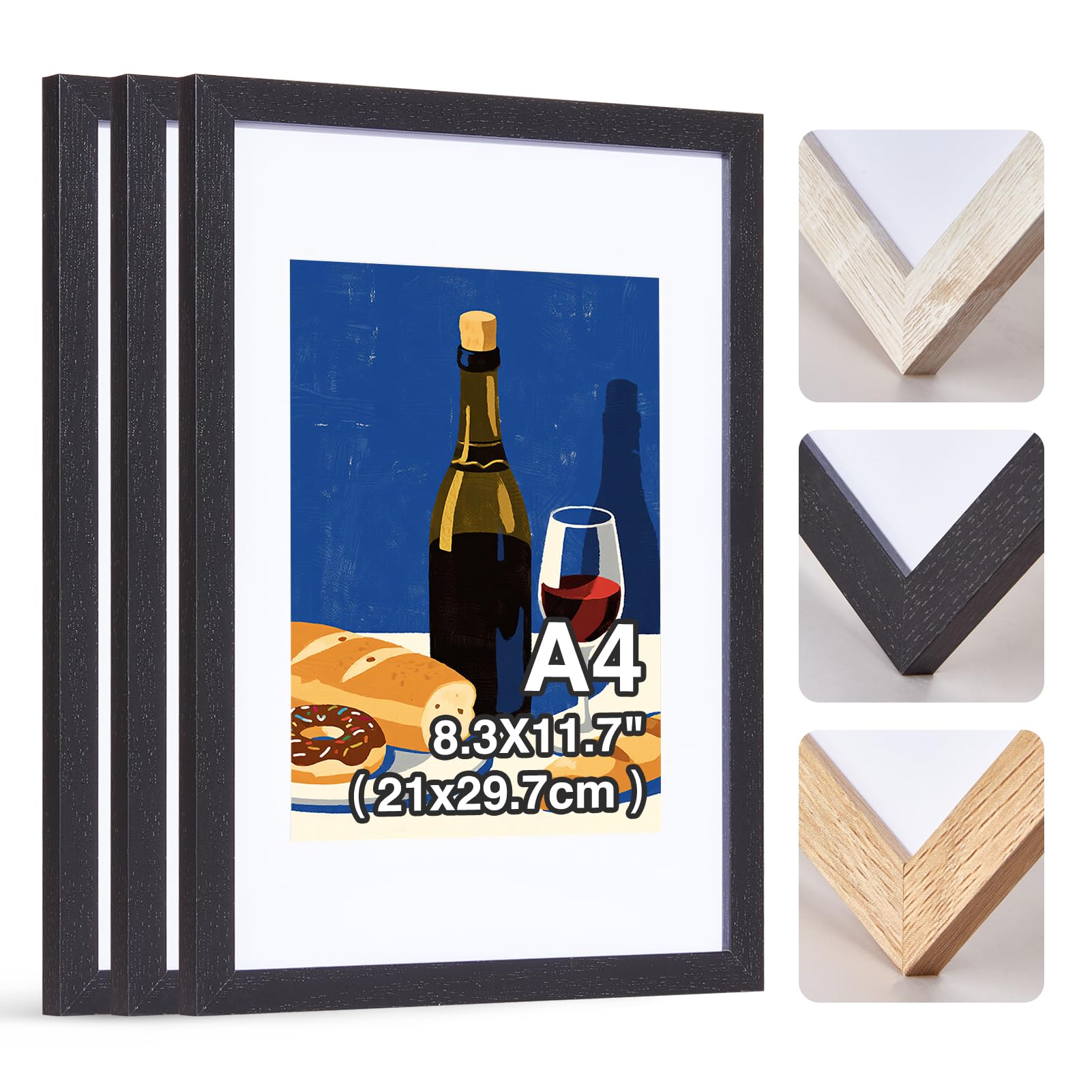 HOUSE DAY A4 Picture Frames Set of 3, Wooden Black Photo Frames for Wall Mount, Family Photos with Clear Perspex Sheet, A4 Wall Frame for Certificate Photos or Poster 29.7x21cm
