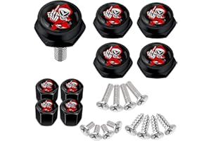Dsycar Black License Plate Screws Fastener Kit with Skull Sticker Screw Covers for Fastening License Plates, Frames and Covers for Cars, Motorcycles & Bonus 4 Valve Stem Caps (Skull/Black-Red)