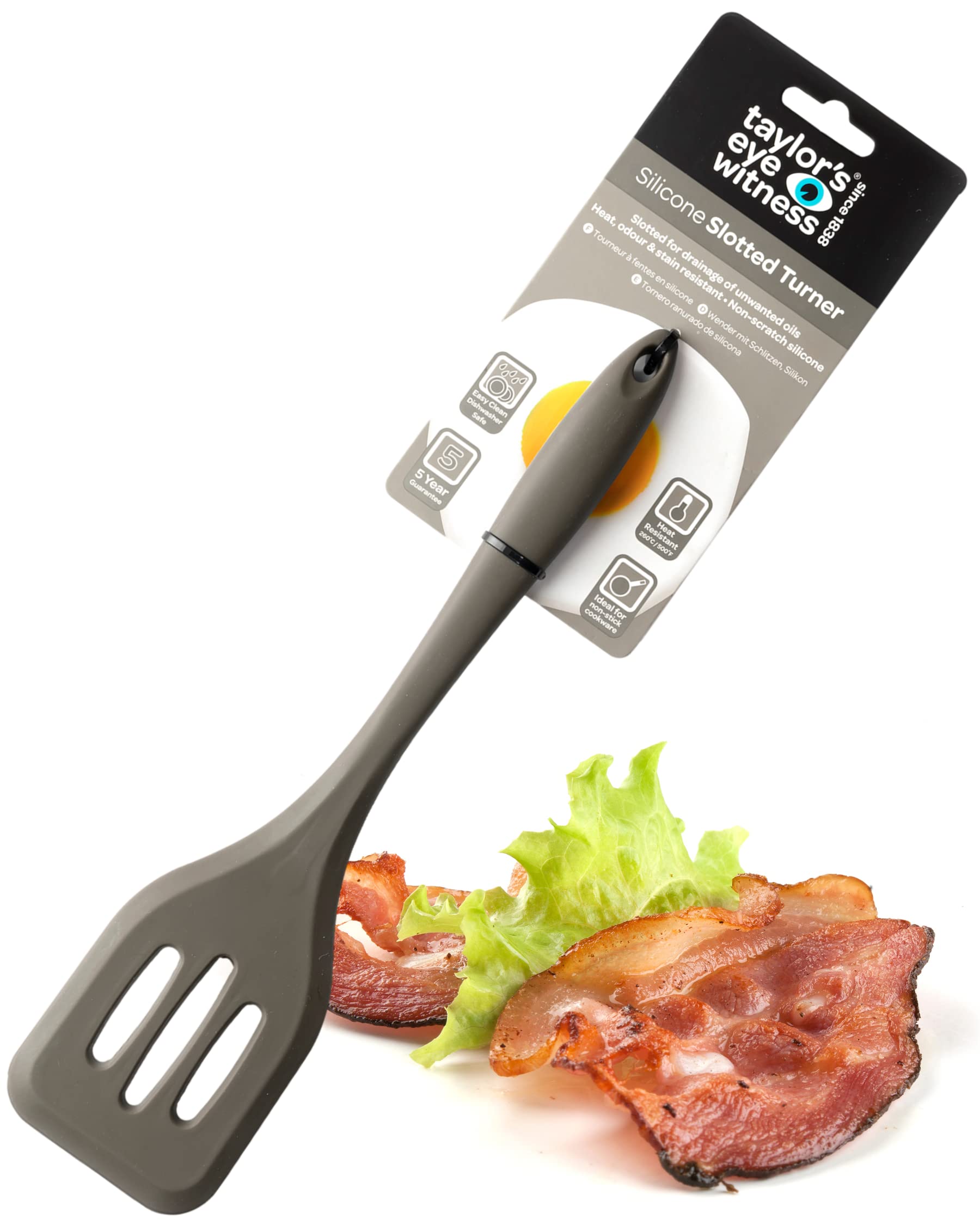 Taylors Eye Witness Large Silicone Grey Slotted Spatula - Dishwasher Safe. Great for Non-Stick Frying Pans. Slotted for Liquid Drainage. Odour, Stain & Heat Resistant (260°C/500°F). 5 Year Guarantee