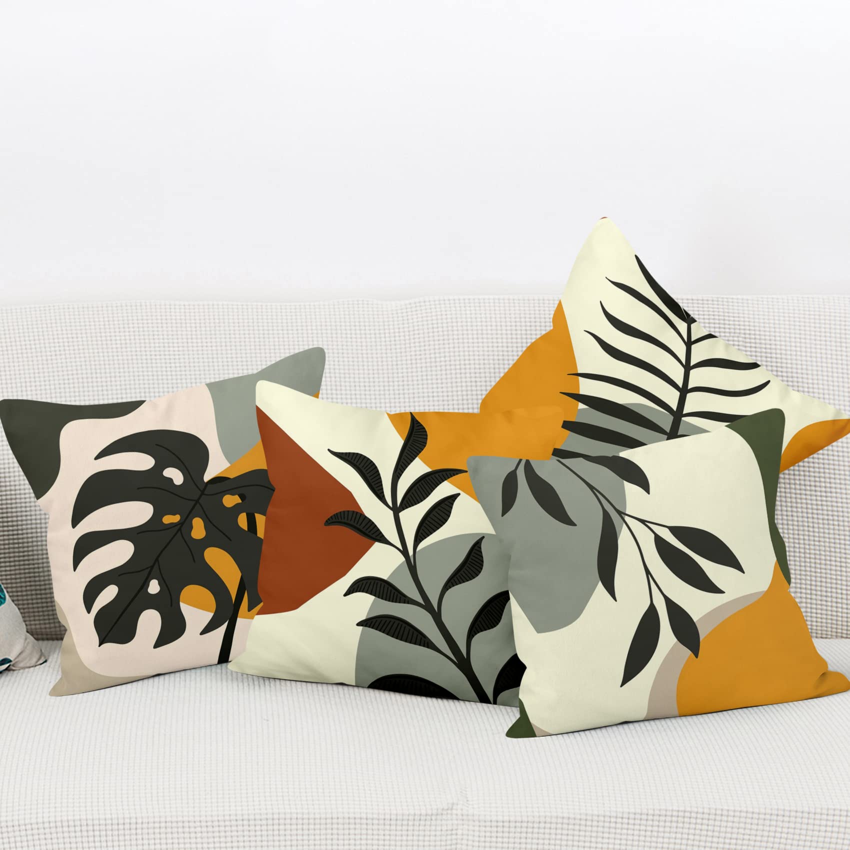 Aoihrraan Cushion Covers Set of 4, Minimalist Leaf Throw Pillow Covers Yellow Black Geometry Leaves Soft Short Plush Square Pillowcase for Sofa Couch Bedroom Car Chair Home Decor 18"x18"