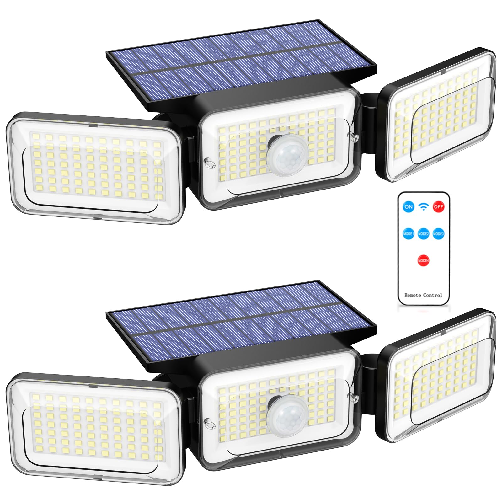 Solar Lights Outdoor Waterproof, Motion Sensor & Flood Outdoor Lights with Remote Control, 4 Adjustable Modes, 3000LM & 218 LED, High-Energy-Density Solar Panel-Monocrystalline Technology, 2 Pack