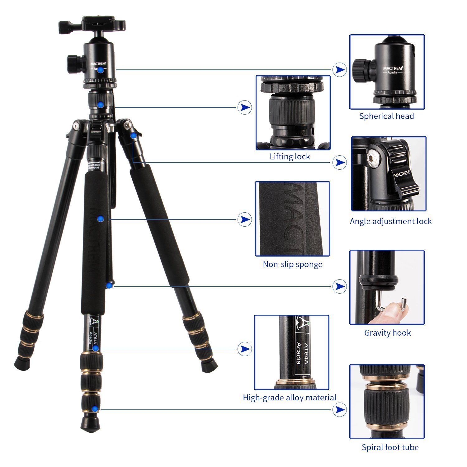 Tragbares Aluminium und Magnesium Kamerastativ Mactrem AT64, 163,8cm (64.5’’), abnehmbares Einbeinstativ, 360 Grad Kugelkopf, 63,5cm (¼’’) Schnellwechselplatte und Tragetasche für Digital/Video/Spiegelreflex Kameras – 15kg (33lbs) maximale 