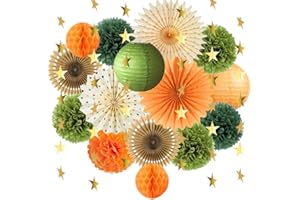 FETETIJD Fall Party Decorations Orange Green Brown Party Decorations Olive Green Brown Orange Paper Fans Paper Pom Poms for Fall Woodland Jungle Safari Wild Birthday Baby Shower Party Decor