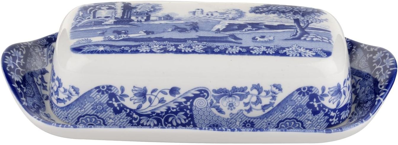 Spode x Blue Italian Porcelain Butter Dish with Lid, Elegant Design Featuring Signature Blue and White Oriental border