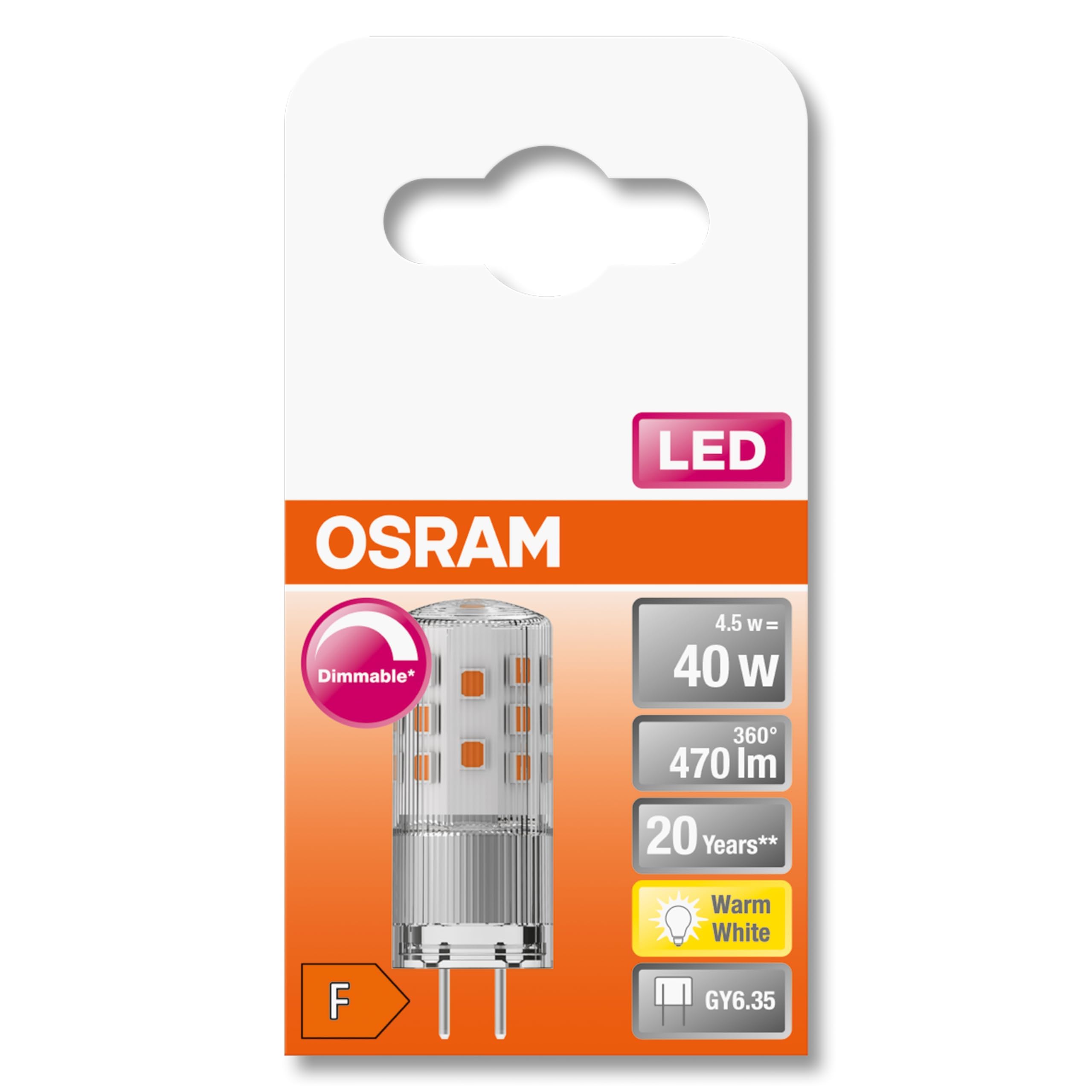 OSRAM Dimmable LED PIN lamp with GY6.35 Base, Warm White (2700K), 320 Lumen, Clear Glass, Multi-Pack