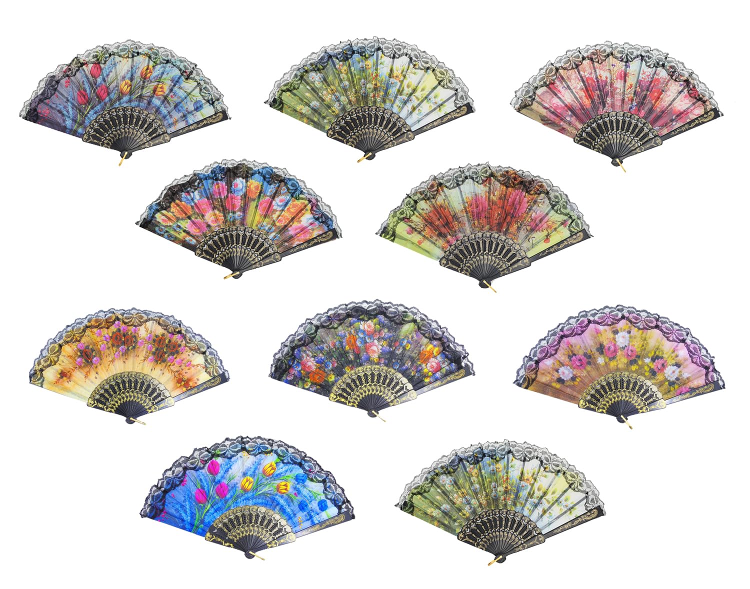 Photo 1 of 10 Pack Vintage Spanish Floral Folding Hand Fan Sequin Fabric Folding Handheld Hand Fan, Random Color