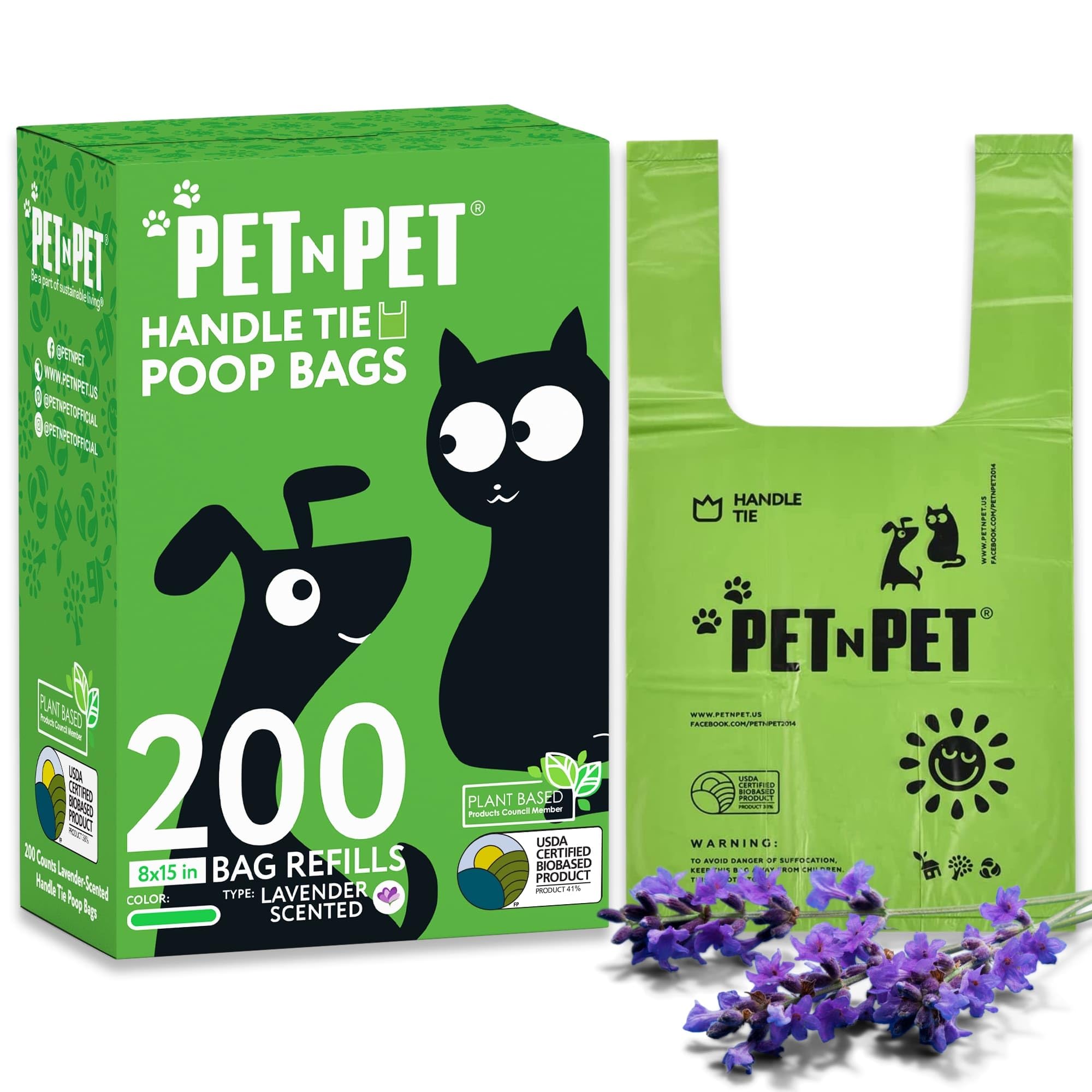 PET N PET 200 Count Poo Bags Dogs with Tie Handles USDA Certified 41 percent Plant Based 8x15 Leak-Proof Scented Dog Poop Bags Rolls