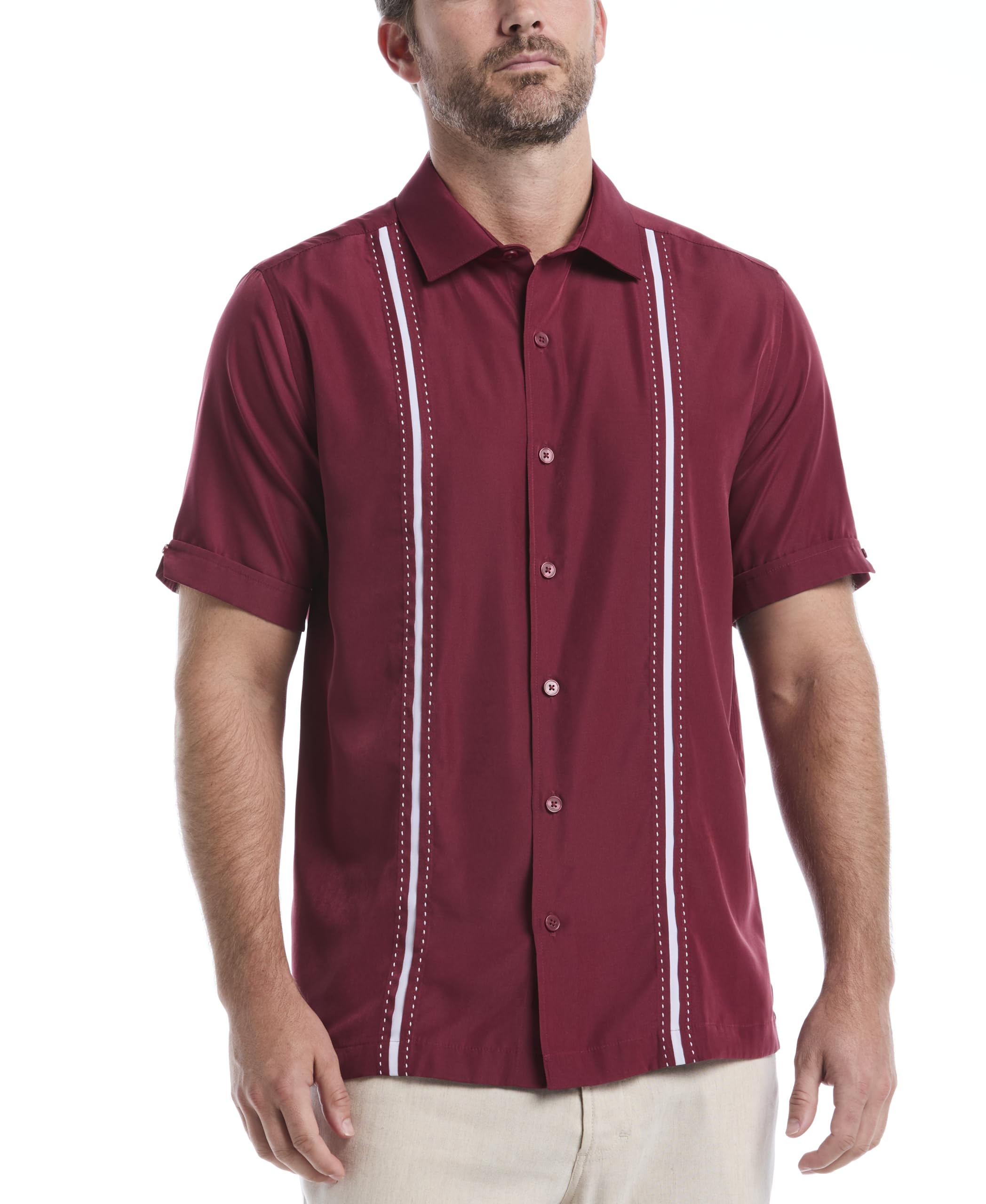Cubavera Men's Short Sleeve Insert Panels with Pick Stitch Shirt, Cordovan, Small Image Cubavera Men's Short Sleeve Insert Panels with Pick Stitch Shirt, Cordovan, Small Image