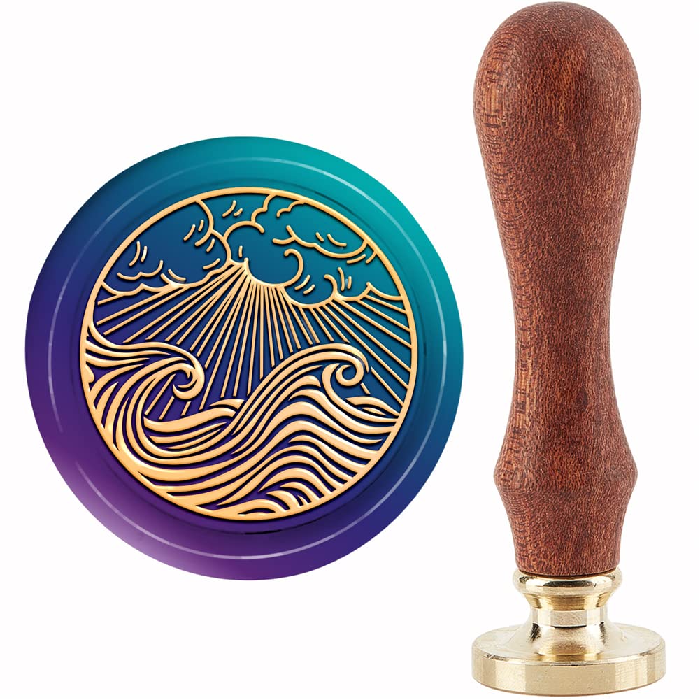 CRASPIRE Sun Wax Seal Stamp Waves Sealing Wax Stamps 30mm Retro Vintage Removable Brass Stamp Head with Wood Handle for Invitations Cards Gift Wrapping