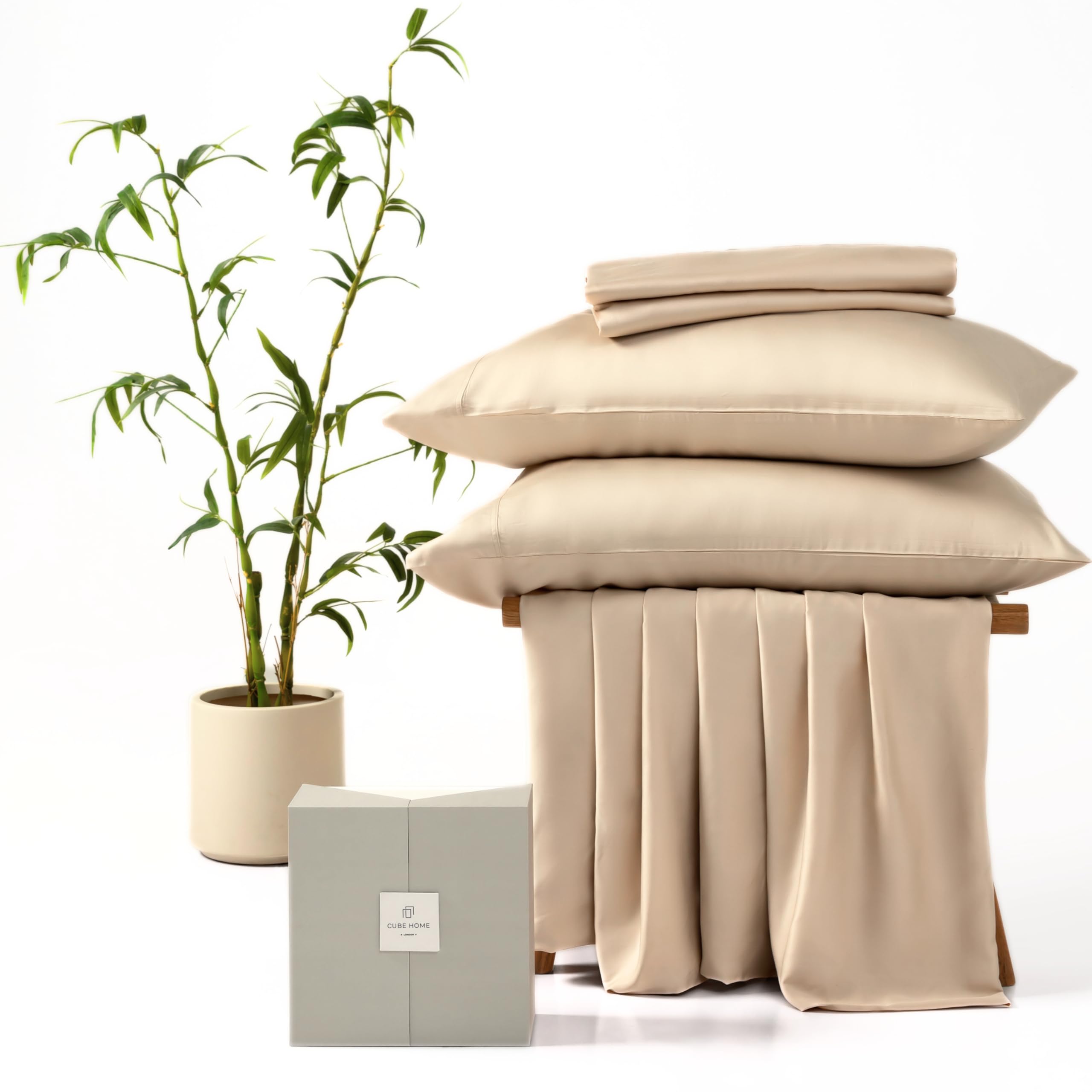 CUBE HOME - Luxury 4 pcs Bedding Set (200x200cm Duvet Cover + 2 75x50cm Pillowcases + Deep Pocket Fitted Sheet) 100% Natural Bamboo Soft Cooling Anti-Allergy Anti-Bacterial Double Bed Beige