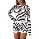 MakeMeChic Women's 2 Piece Fall Outfits Striped Crew Neck Long Sleeve Tee and Drawstring Waist Mini Shorts Set