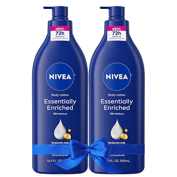 NIVEA ESSENTIALLY ENRICHED BODY LOTION FOR VERY DRY SKIN WITH HYALURONIC ACID, ALMOND OIL AND DEEP NOURISHING SERUM, 72-HOUR BODY MOISTURIZER, 16.9 FL OZ PUMP BOTTLE, PACK OF 2