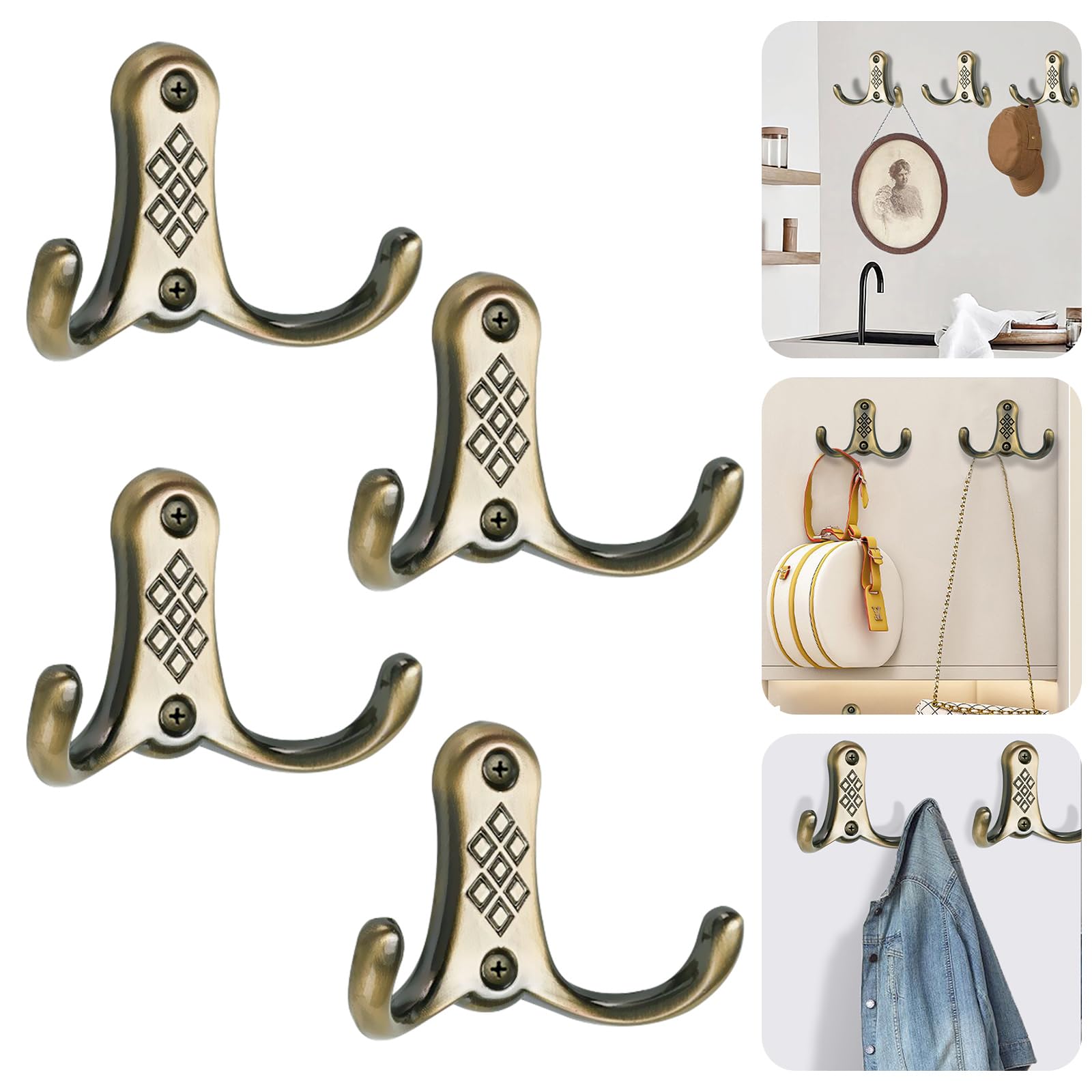 Noekye Coat Door Towel Hat Utility Hooks Hanger Mural Holder Hook Rack Hangers Wall Bathroom Mounted for Hanging, 4 Pack Retro