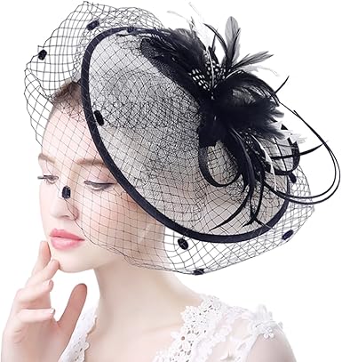 Ankoee Black White Big Fascinator Flower Mesh Veil Feather Vintage