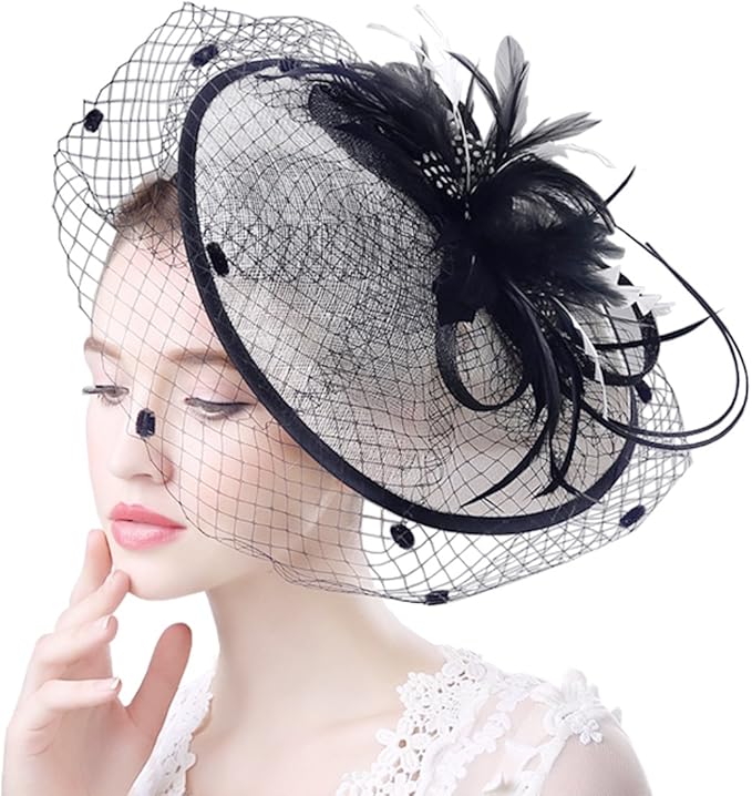 Ankoee Black White Big Fascinator Flower Mesh Veil Feather Vintage