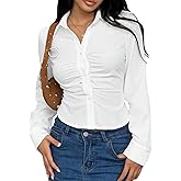 Women's Long Sleeve Button Down Shirt, Ruched Curved Hem Blouse, Casual & Office Wear Top