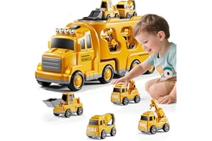 DULONIME Construction Truck Toys Set for Kids Aged 1 2 3 4 5 6 7 8, Truck Playset with Toy Cars, Light and Sound, Movable Parts Construction Toys for Toddlers, Birthday Gifts for Boys Girls 2-4 4-7