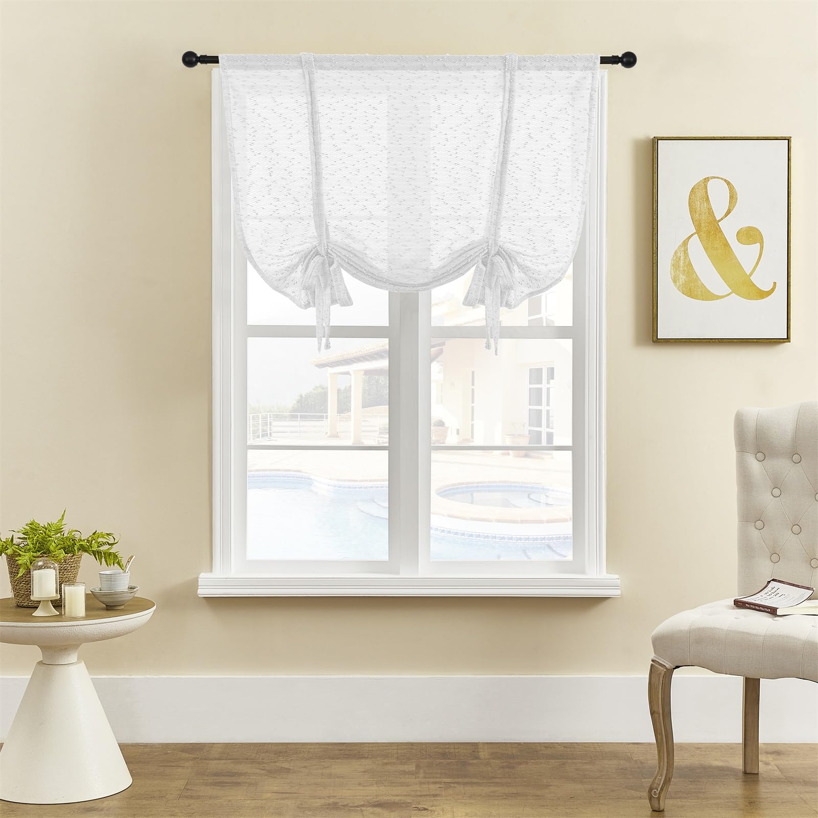 ele ELEOPTION Roman Tie-up Blind Curtain Translucent Elegant Luxury Window Voile Tier Curtain for Bedroom, Living Room, Kitchen, Small Window (White, 117x137cm)