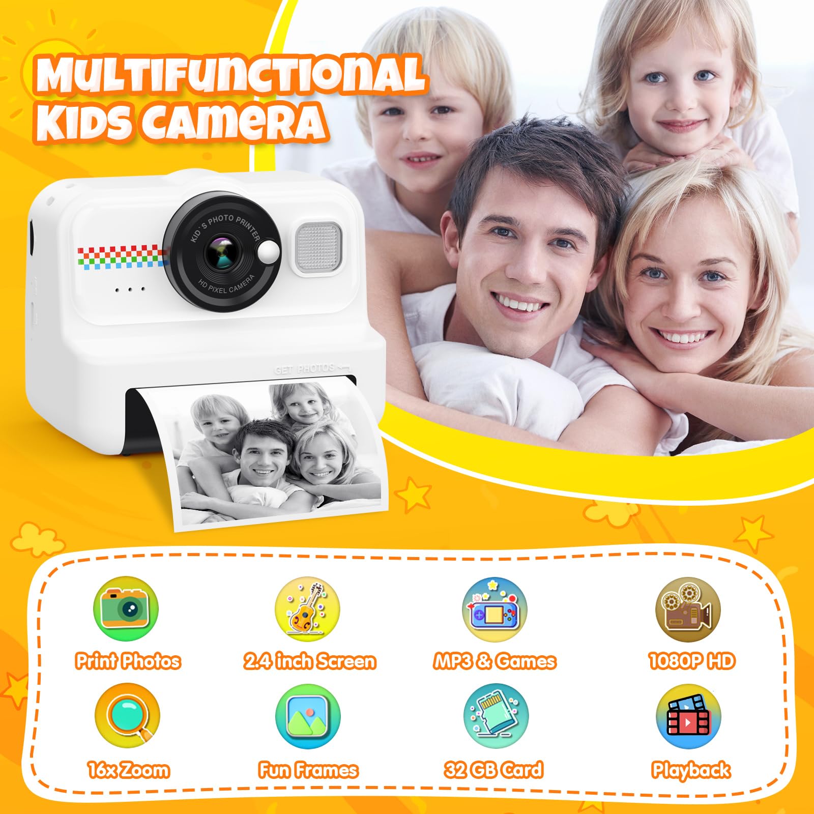 Kids Instant Print Camera, 1080P HD Kids Camera Instant Print with 3 Rolls Print Paper & 32GB Card, Ideal Kids Toys Gifts for Boys & Girls Age 3-14 (Black)