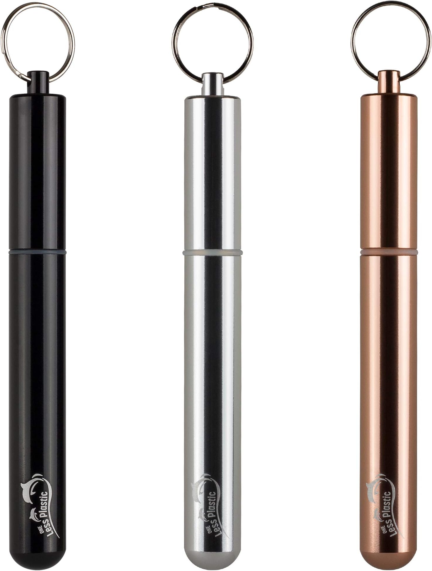 Reusable Drinking Straws (Pack of 3, Black, Chrome & Rose Gold) Stainless Steel Collapsible Design with Storage Cases, Cleaning Brushes, and Silicone End Tips, BPA Free, Reusable and Portable