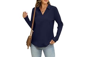EasyGala Womens Cotton Long Sleeve Polo Shirts Business Casual V Neck Collared Tops Loose Fit Work Blouses Fall Outfits 2025