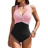 AI'MAGE Women's One Piece Swimsuit Slimming Tummy Control Bathing Suit Sexy V Neck Push Up Swimwear 2025 Pink Black