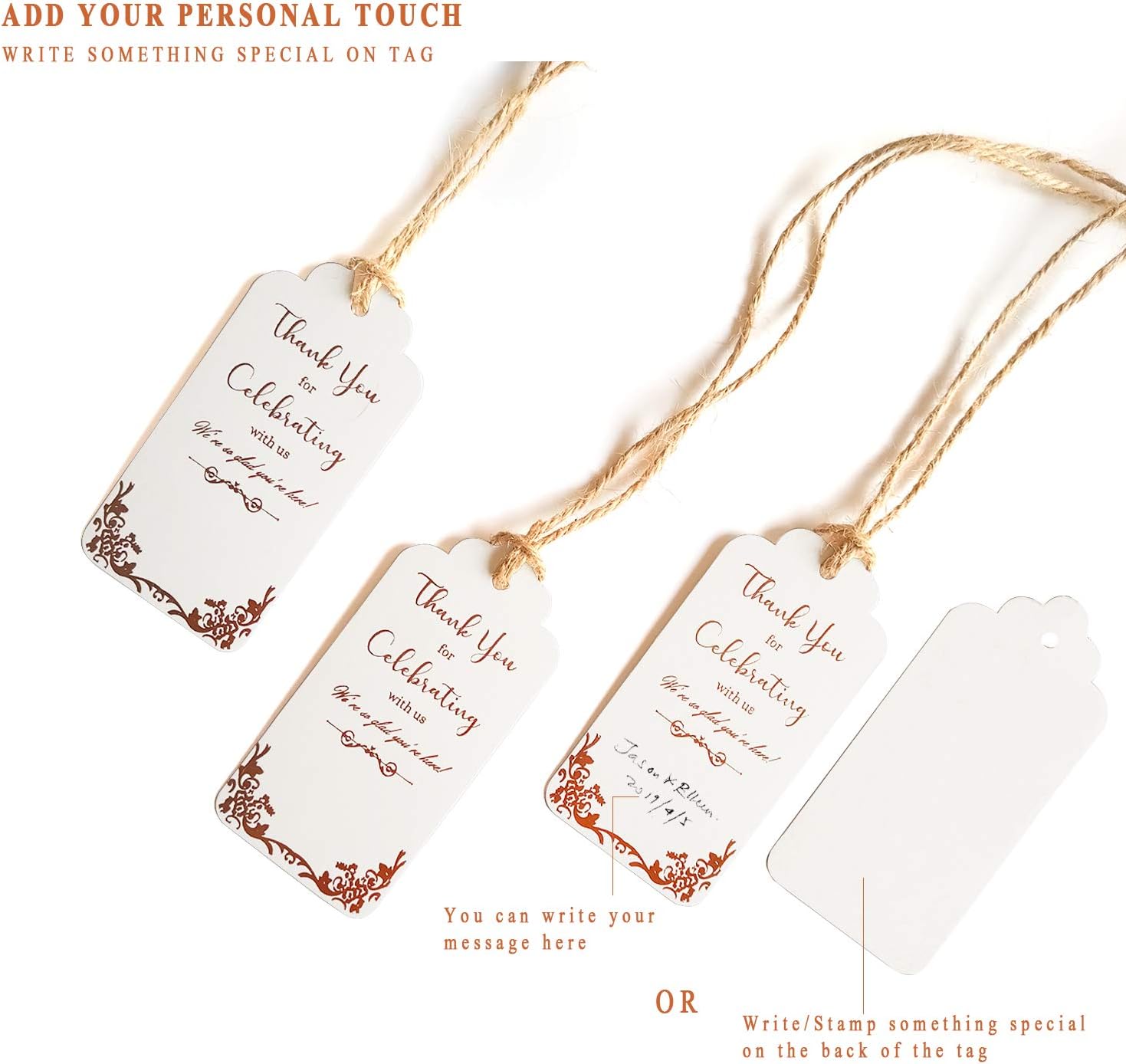 100 Wedding Favor Tags (Free Extra Long 328ft Twine), Rose Gold Foil Preprinted on White Tags with Writing Thank You for Celebrating with Us, We’re so Glad You’re Here : Office Products
