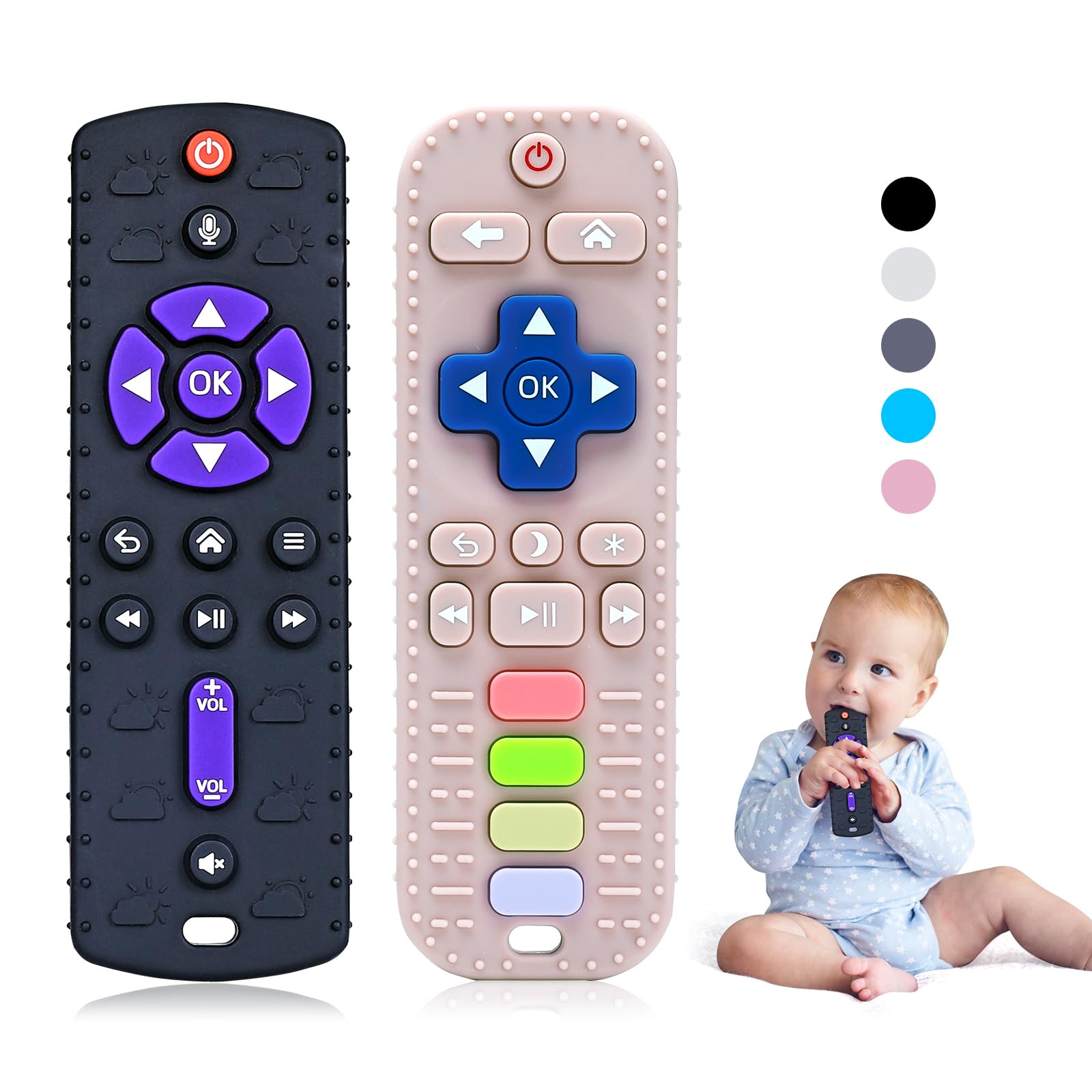 Orzbow Silicone Teething Toys for Baby, 2 Pack Remote Control Shape Baby Teether with Pushable Buttons for 0-6 Months, Early Educational Baby Sensory Chew Toy with Dummy Clip, Black & Pink