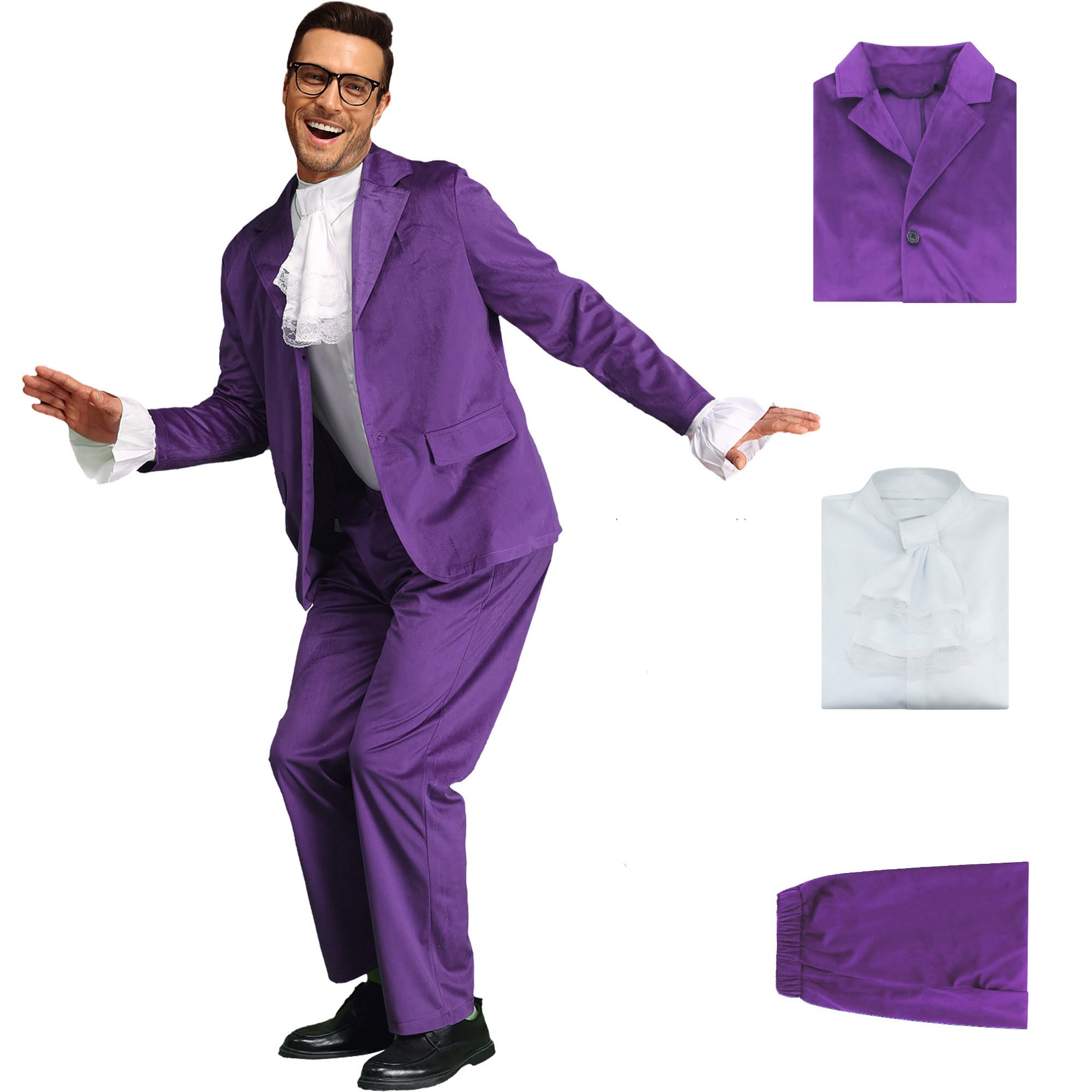 AYYOHON Blue 60s Swinger Costume Groovy Costumes for Men Spy Austin Halloween Cosplay Suit Ruffle Shirt Jacket Pants Set XL