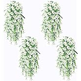 BIG KEYS Artificial Fake Plants for Outdoor Spring, Summer, Autumn and of Decoration, 4PCS Faux Silk Morning Glory Long Vines Stems UV Resistant Look Real for Outside Home Porch Patio (White)