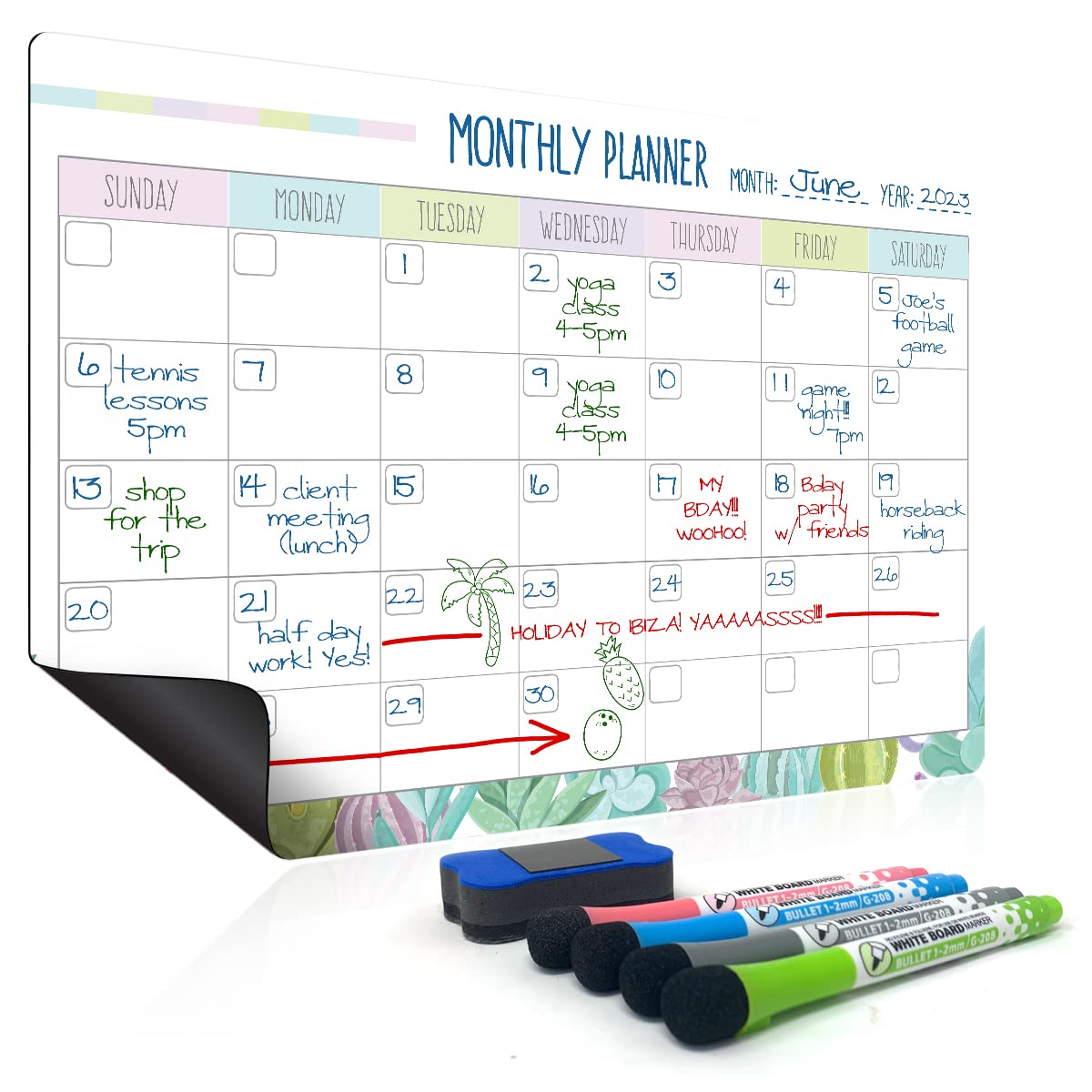 Joeji's Kitchen Magnetic Monthly Planner Whiteboard Organiser - Easy Attach to Fridge - Family Calendar Meal Plan Chores Board - 4 Markers with Erasers