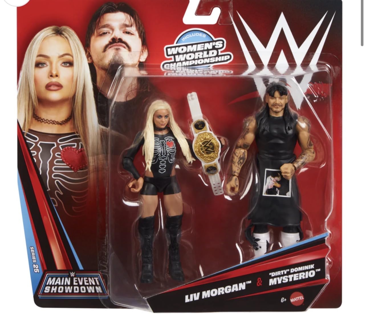 Mattel WWE Main Event Showdown Action Figures 2-Pack with Accessory, Series #25 ”Dirty” Dominik Mysterio & Liv Morgan Collectible Set, 6-inch