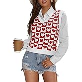 COCCKO Women's Heart Print Fashion Tank Top Casual V Neck Sleeveless Cute Valentines Sweater Vest Knit Crop Tops