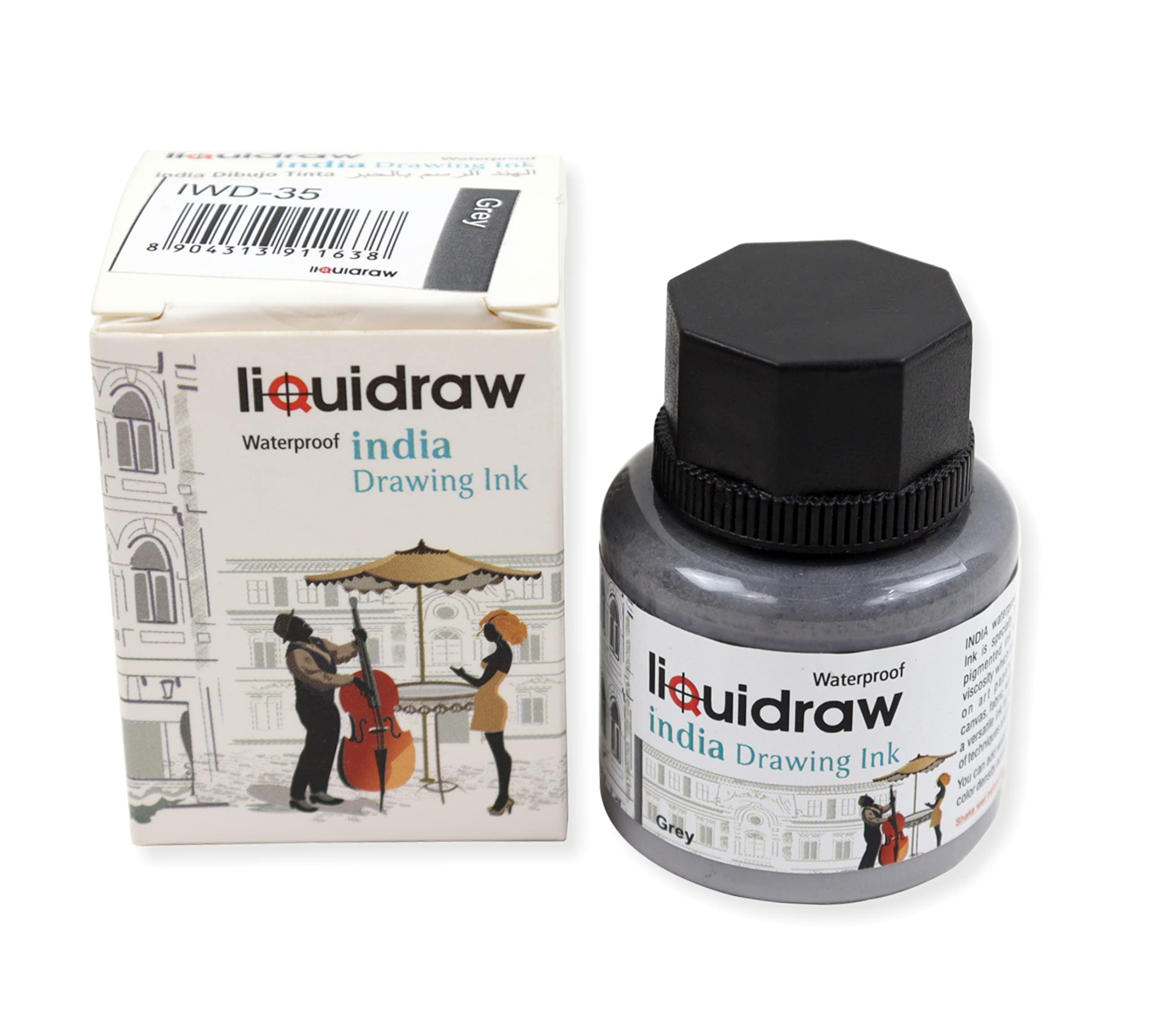 Liquidraw Coloured Drawing Ink India Ink, Waterproof 20 Assorted Colours, 35ml Indian Inks for Artists (Grey)