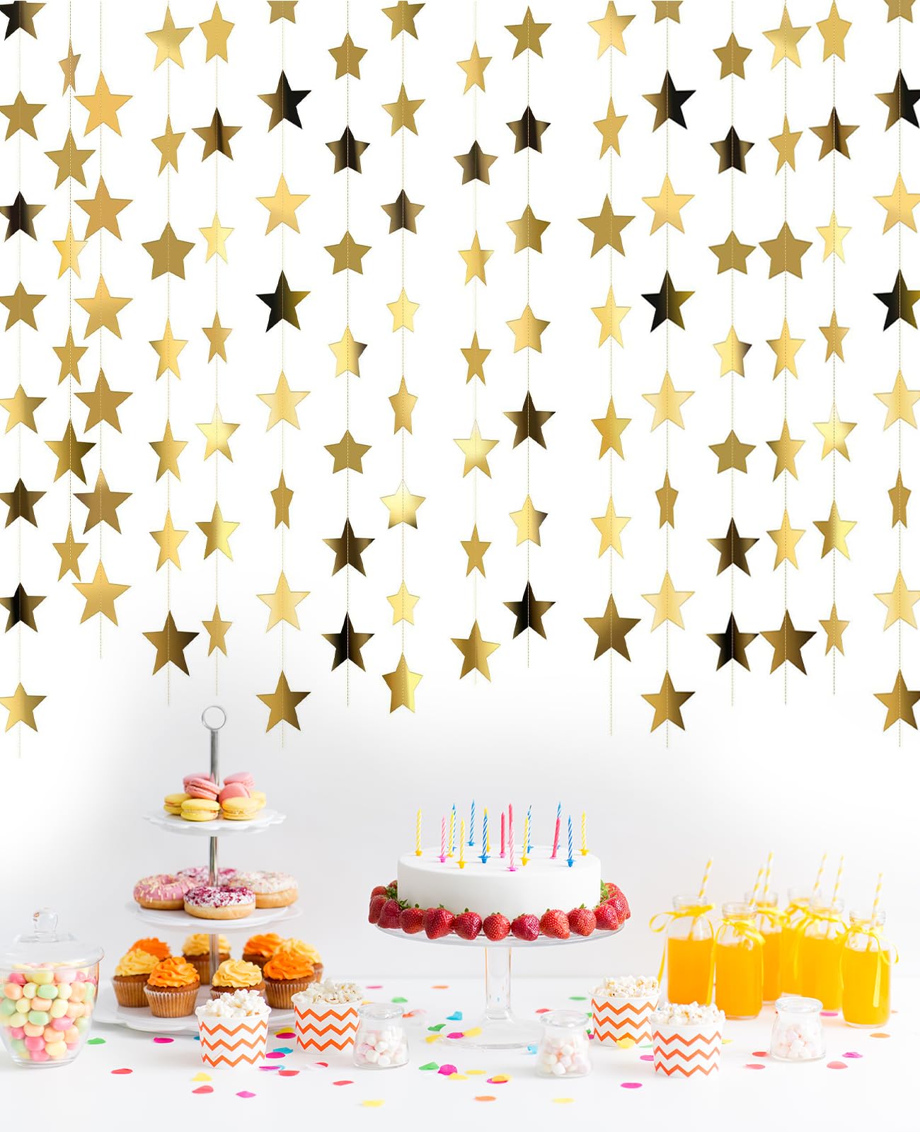 SEESUNO 209Feet Gold Star Garland, Sparkling Star Bunting Hanging Decoration for Birthday Party Wedding Banner Backdrop